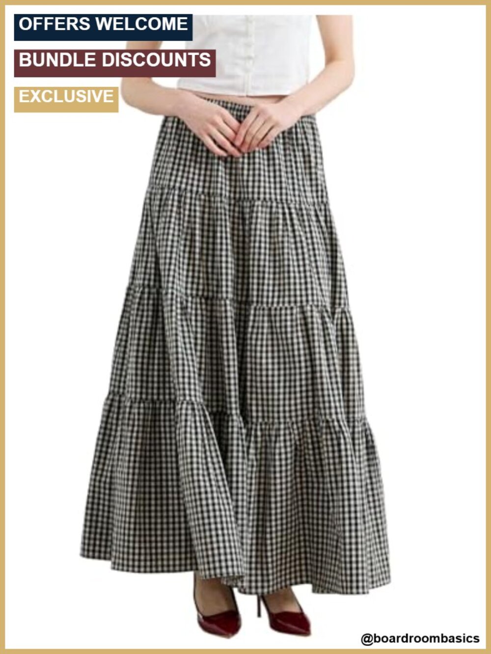 Women's 100% Cotton Plaid Maxi Skirt Tiered Ruffle A-Line Flowy Swing Long Skirt